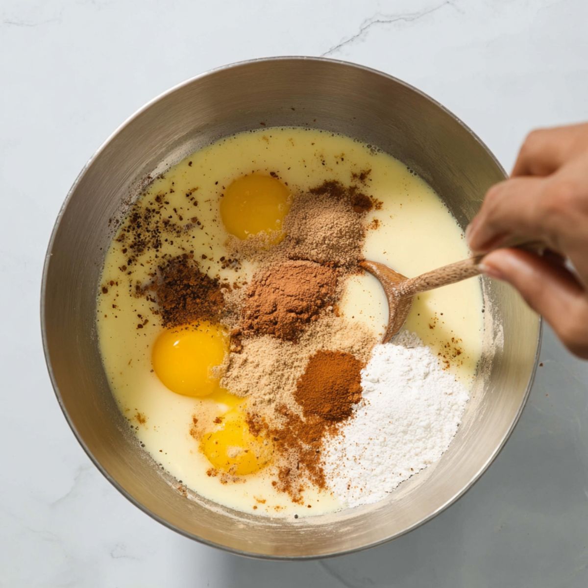Easy Bread Pudding Recipe 11 "A close-up of hands mixing ingredients in a bowl, preparing a mixture of eggs, milk, and spices for a homemade bread pudding.