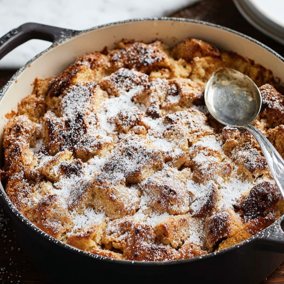 Easy Bread Pudding Recipe 13 "A golden-brown, freshly baked bread pudding sprinkled with powdered sugar, just out of the oven, waiting to be served.