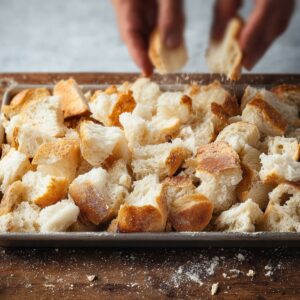 Easy Bread Pudding Recipe 15 "Hands tearing soft bread into pieces, preparing the base for a delicious bread pudding.