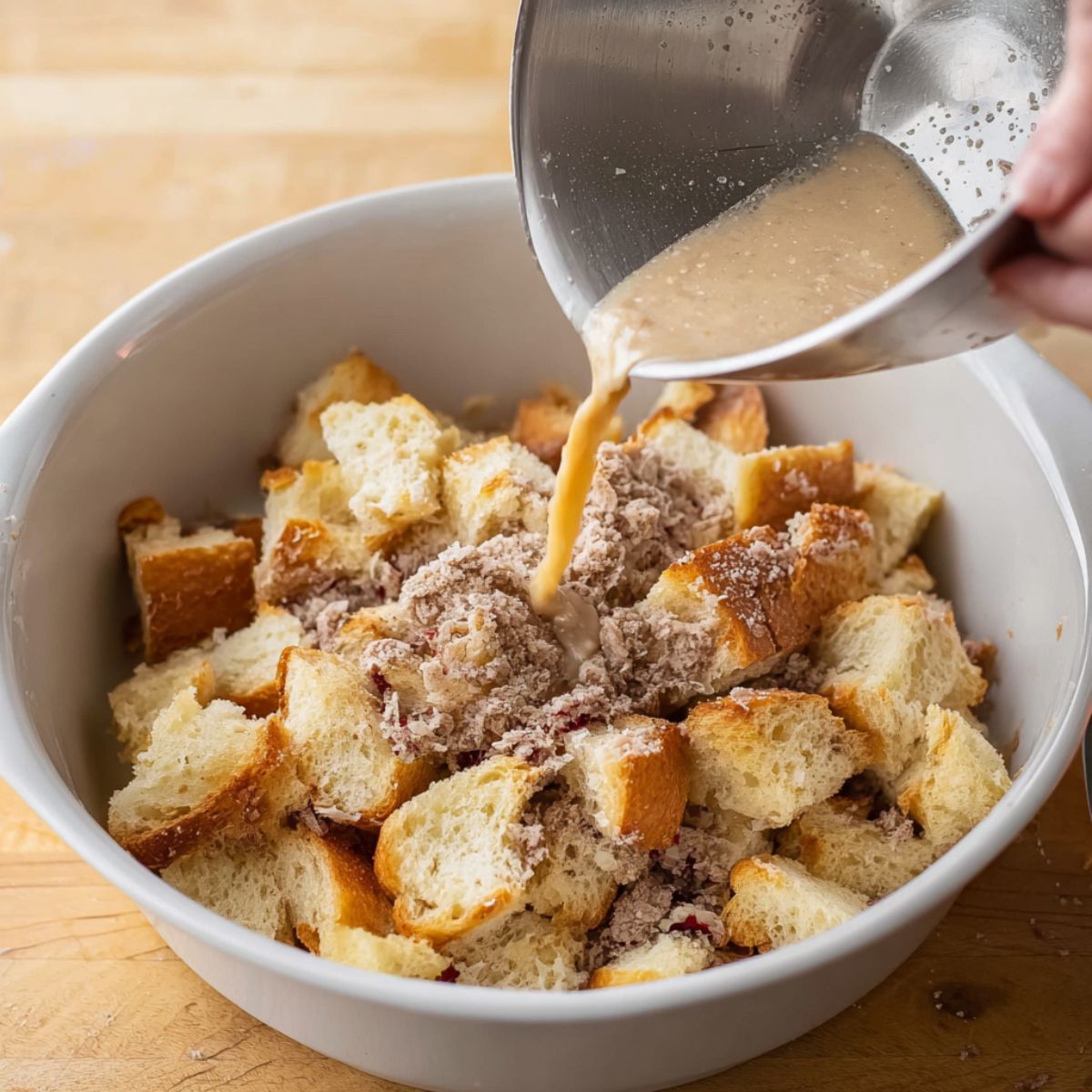 Easy Bread Pudding Recipe 12 "Torn bread pieces being added to a baking dish, ready to be transformed into a warm, comforting bread pudding."