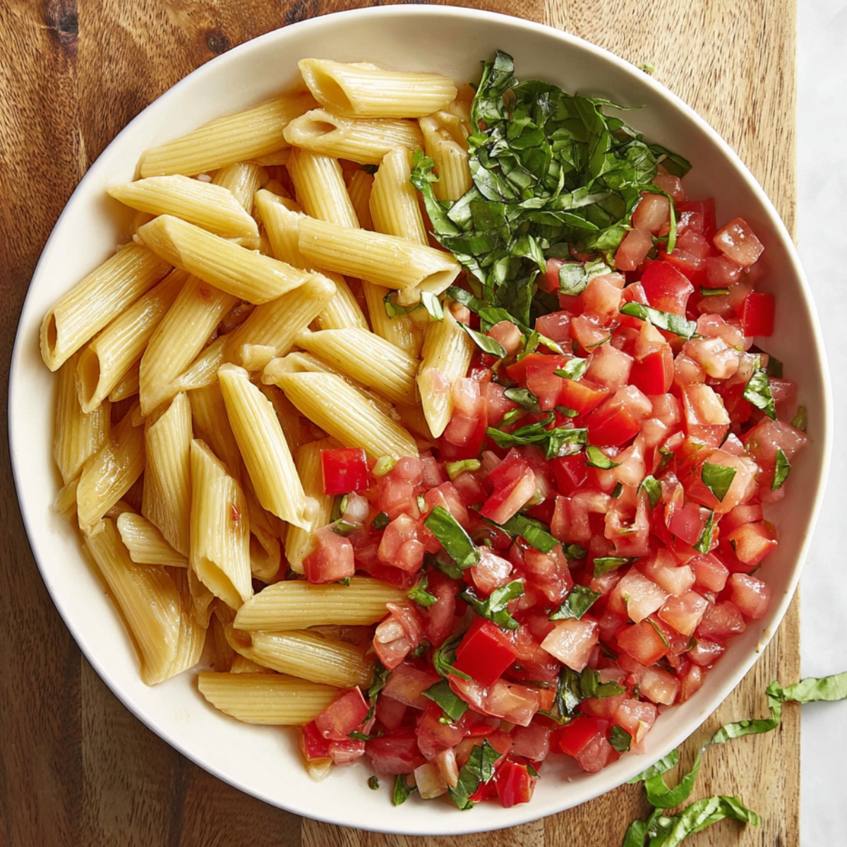 The Best Bruschetta Pasta Recipe 12 Write a recipe for a simple, fresh pasta salad. Describe how to combine cooked pasta with diced tomatoes and fresh basil, and suggest adding a light vinaigrette or olive oil dressing to tie everything together. Offer variations, such as adding cheese, olives, or other herbs to elevate the dish.
