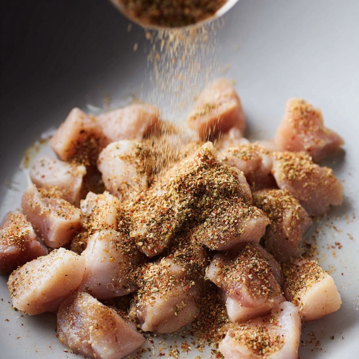 Best Buffalo Chicken Pasta Recipe 10 Seasoned chunks of raw chicken being coated with spice mix, preparing them for cooking and adding a rich flavor.