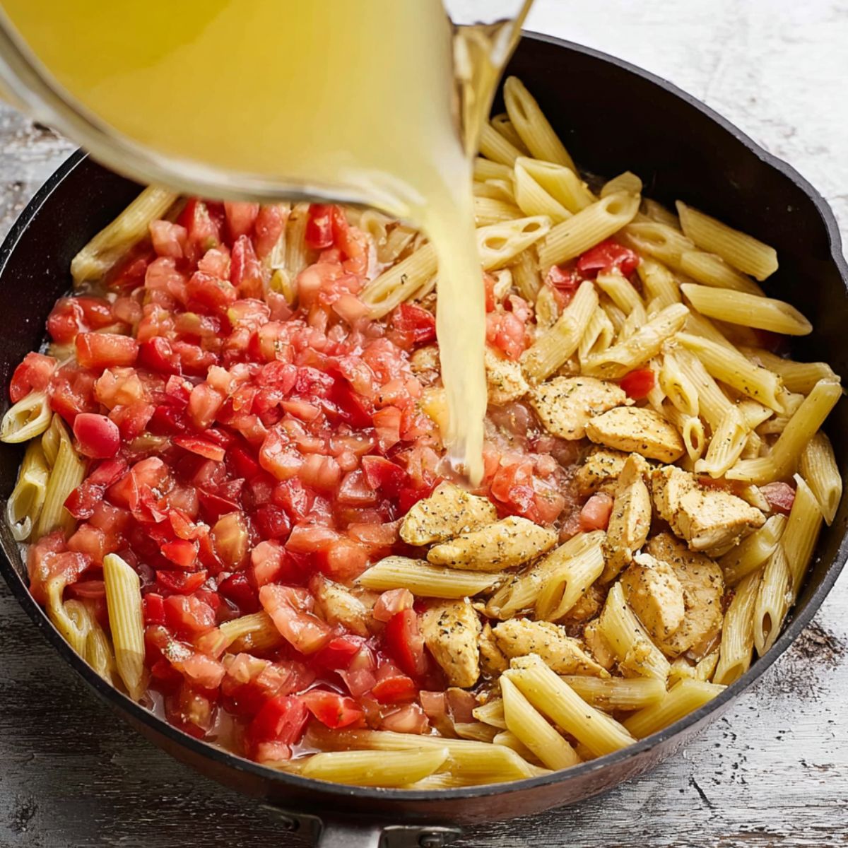 Best Buffalo Chicken Pasta Recipe 11 Penne pasta, diced tomatoes, and chicken simmering together in a skillet, with chicken broth being poured in to enhance the flavor