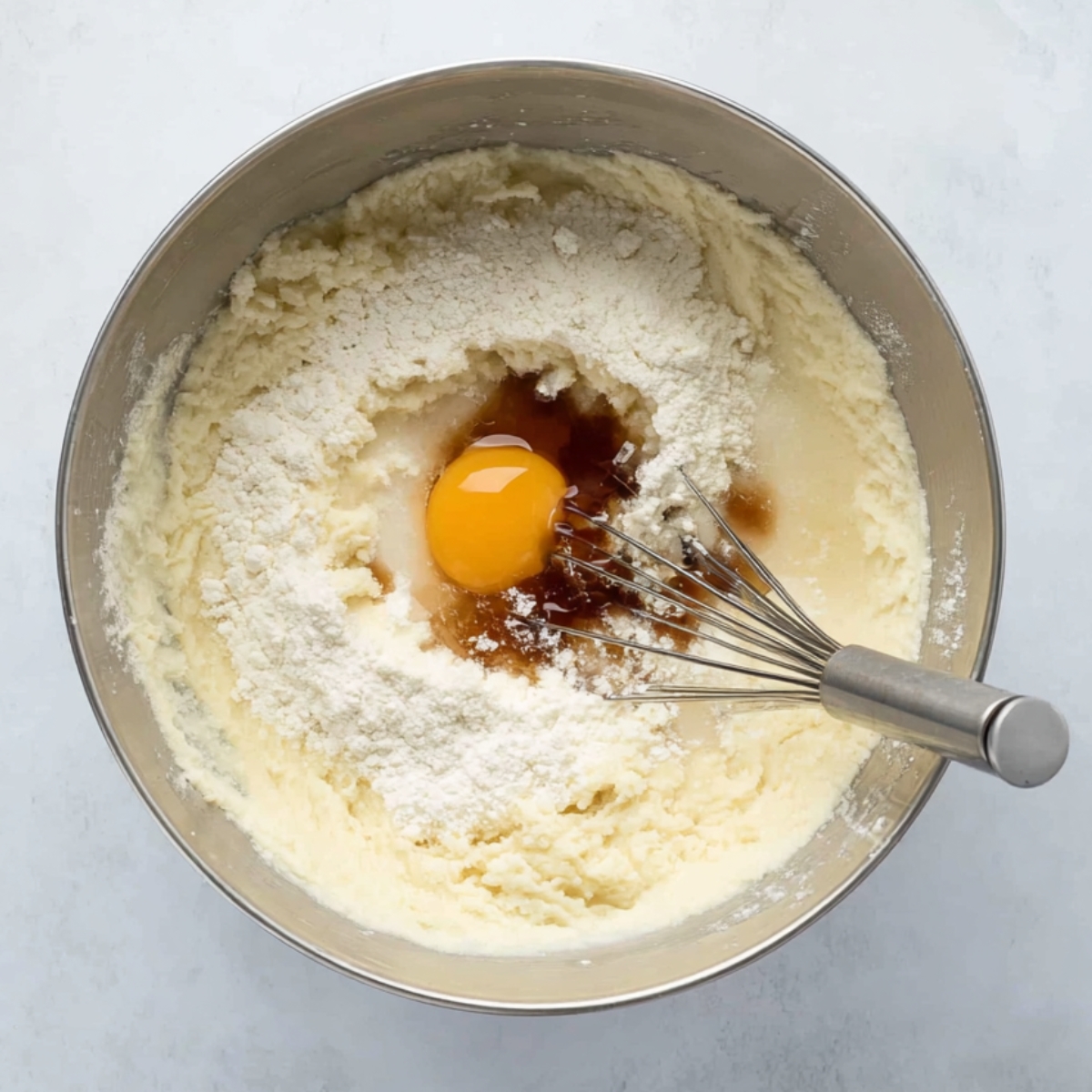 Best Buttermilk Pie Recipe 11 A mixing bowl with a creamy buttermilk pie batter, showing the addition of a raw egg and vanilla extract. The ingredients are well-mixed and ready to be incorporated into the pie crust.