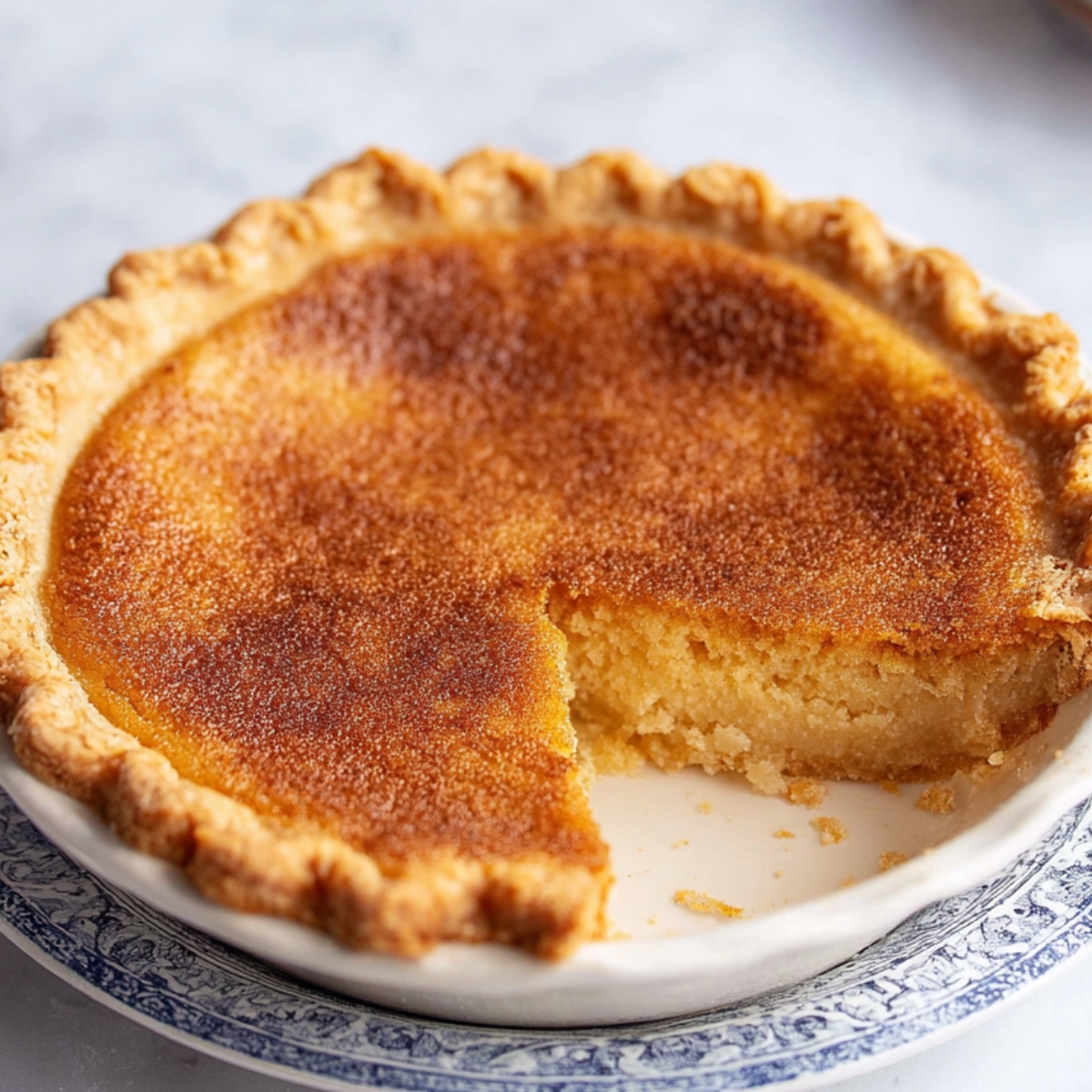 Best Buttermilk Pie Recipe 13 A slice of buttermilk pie with a golden, flakey crust and smooth, custard-like filling. The pie is partially cut, revealing its creamy texture, and sits on the edge of a silver pie dish.