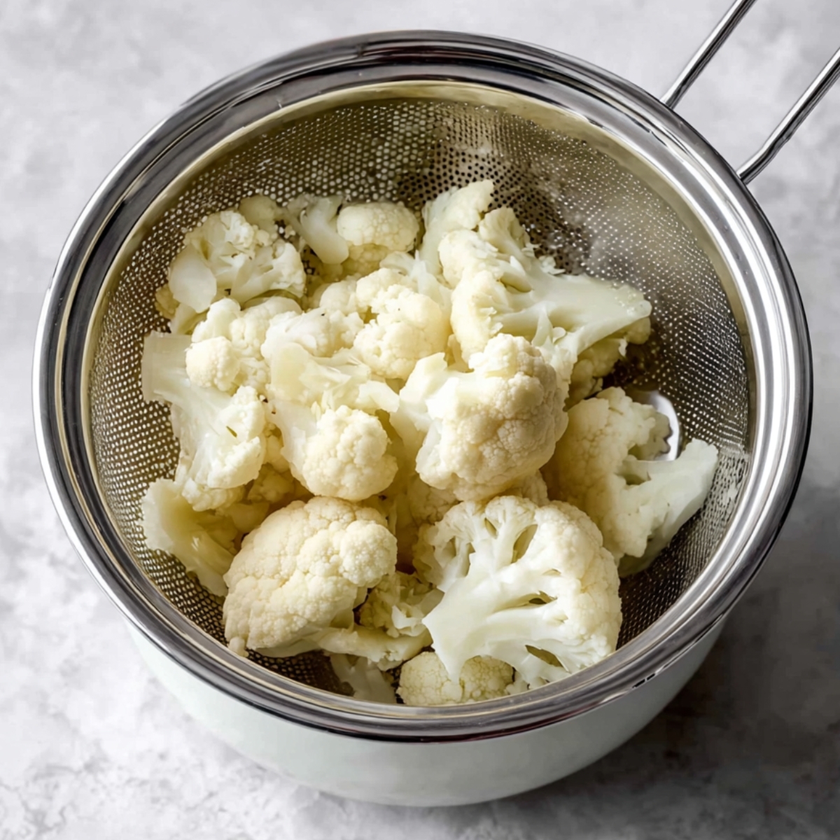 Best Cauliflower Gratin Recipe 10 Steamed cauliflower florets placed in a white colander, draining excess water before being used in the cauliflower gratin recipe