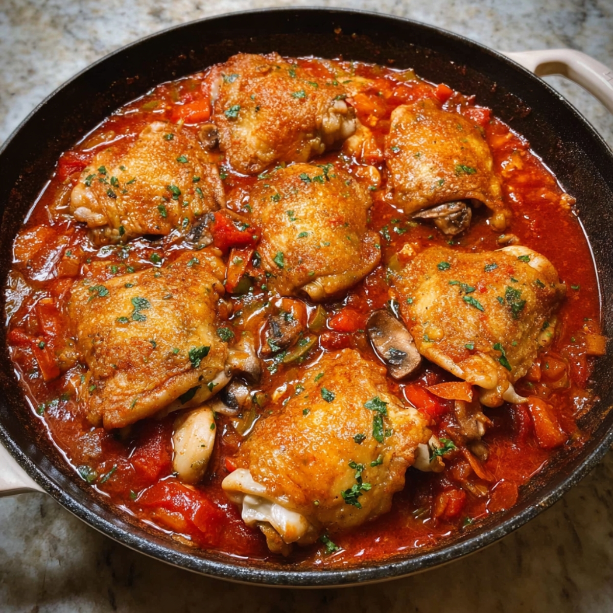 Easy Chicken Cacciatore Recipe 12 Golden-browned chicken thighs added to a tomato-based sauce with peppers and mushrooms, ready to cook in the flavorful mixture.