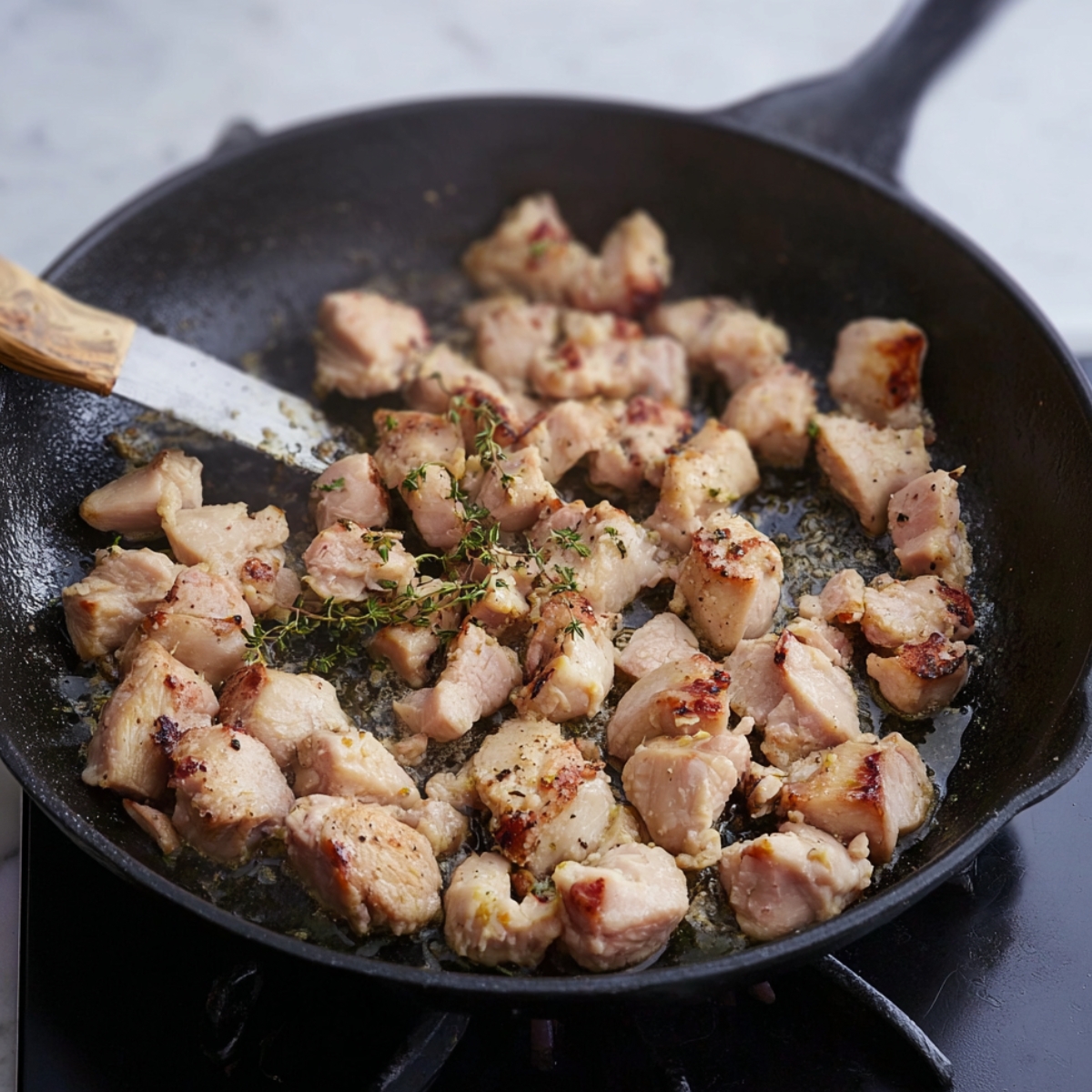 The Best Chicken Cobbler Recipe 10 Pieces of chicken are sautéed in a skillet with seasonings, getting nicely browned before adding the other ingredients.