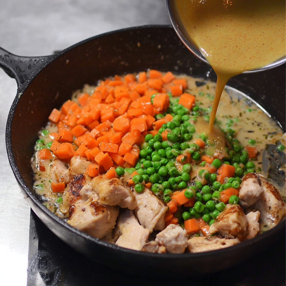 The Best Chicken Cobbler Recipe 13 Chopped carrots and peas are added to the chicken and creamy sauce mixture before it is cooked.