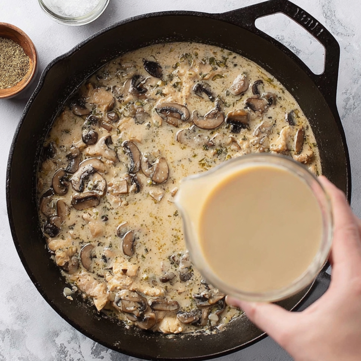 The Best Chicken Cobbler Recipe 12 A hand is adding cream into a skillet filled with chicken, mushrooms, and a creamy sauce mixture.