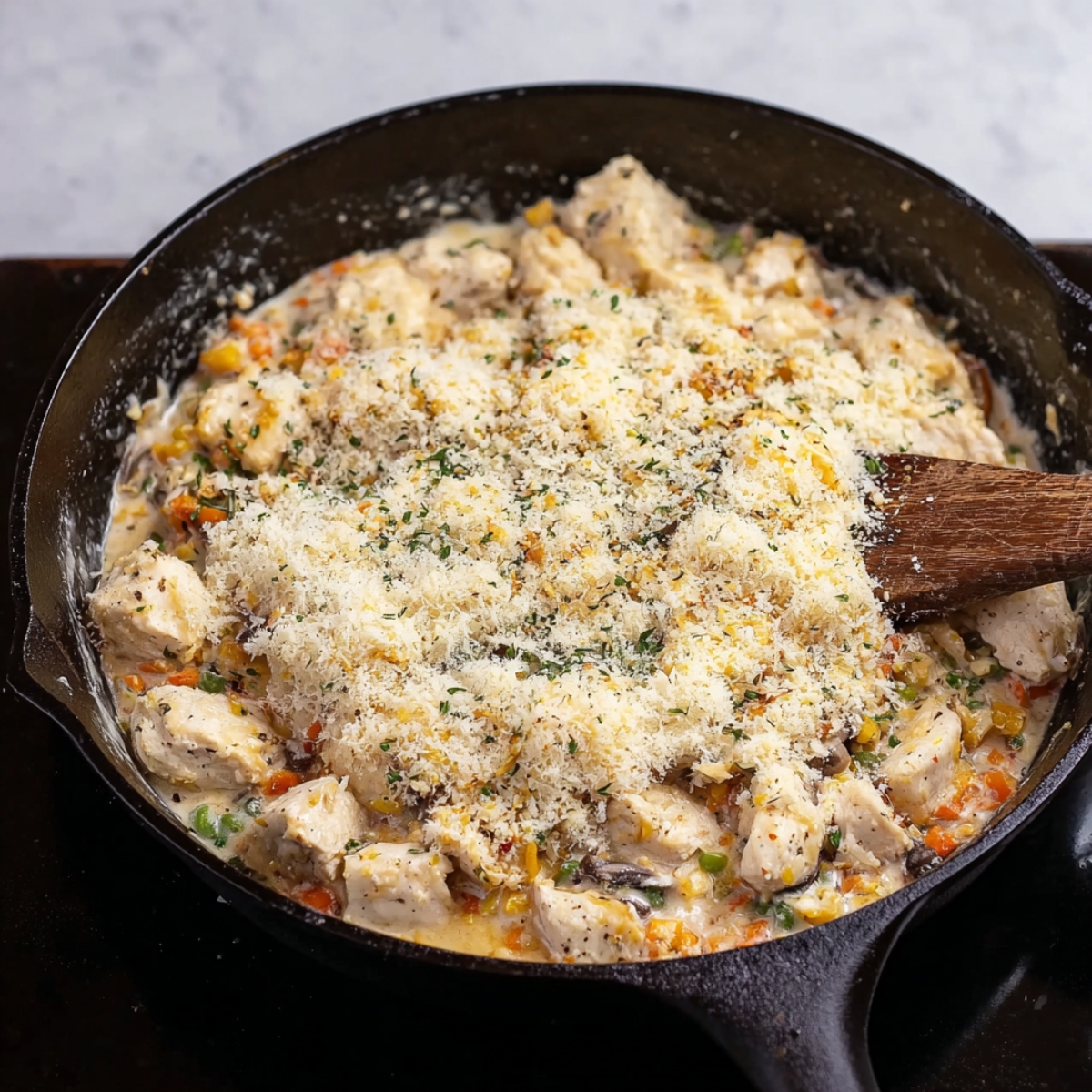 The Best Chicken Cobbler Recipe 14 A generous amount of grated cheese is sprinkled on top of the chicken and vegetable mixture in the skillet.