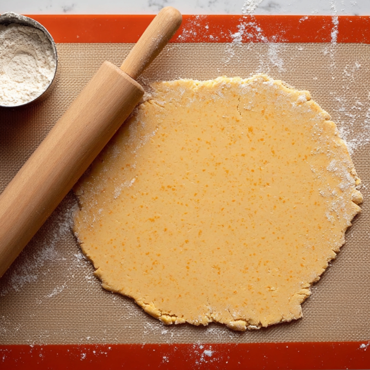 Best Chocolate Orange Sandwich Cookies 11 A rolling pin and flour next to a flat layer of orange butter cookie dough rolled out on a silicone mat.