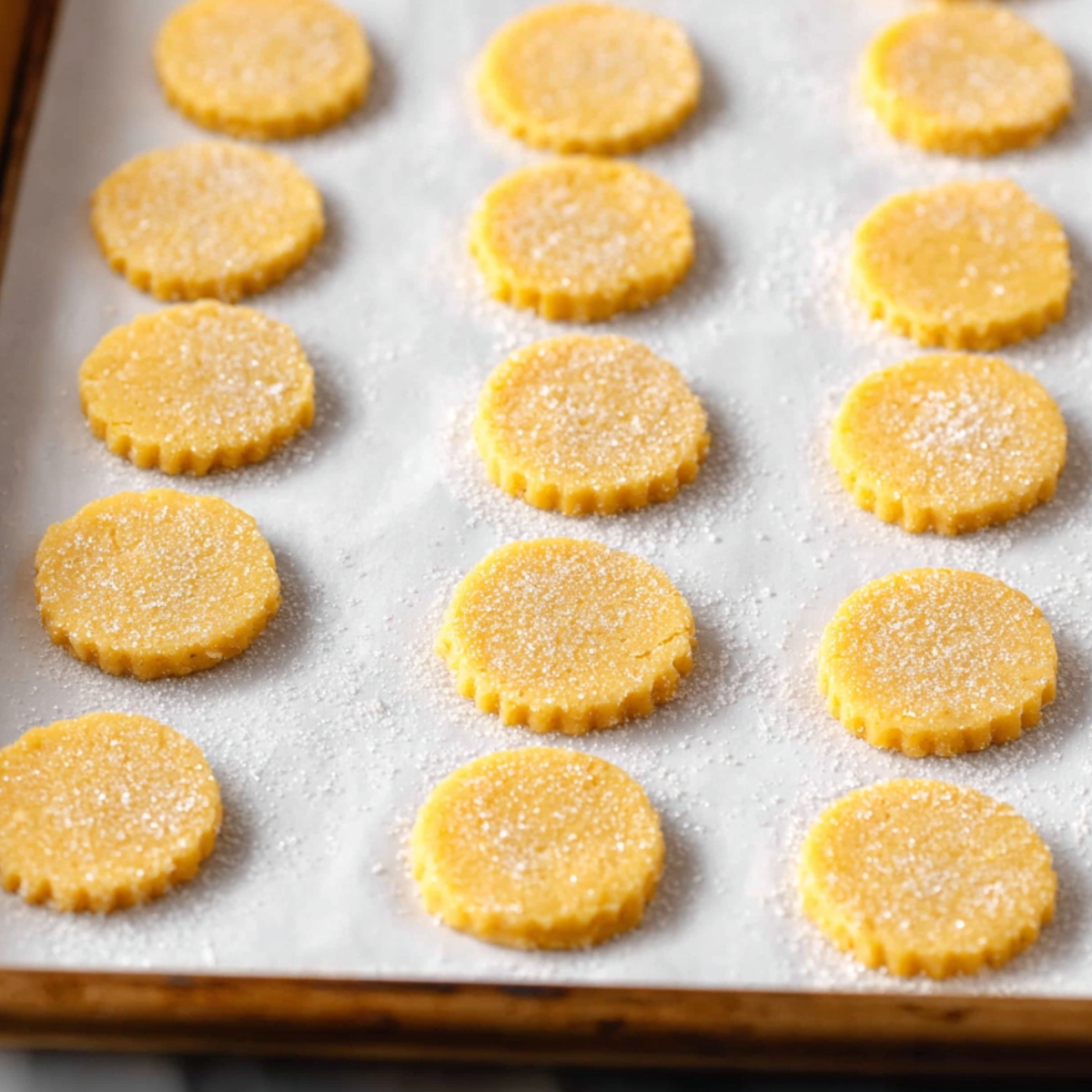 Best Chocolate Orange Sandwich Cookies 12 A baking sheet lined with orange butter cookie dough rounds, sprinkled with sugar before baking.