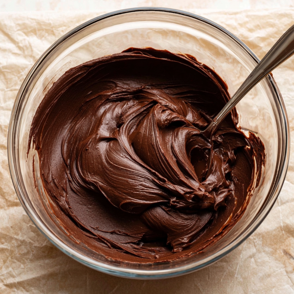 Best Chocolate Orange Sandwich Cookies 13 A glass bowl filled with thickened chocolate ganache, ready to be used for frosting or filling.