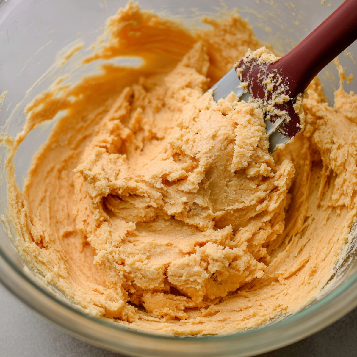 Best Chocolate Orange Sandwich Cookies 10 Close-up of orange butter cookie dough with a spatula, showing the smooth texture before baking.