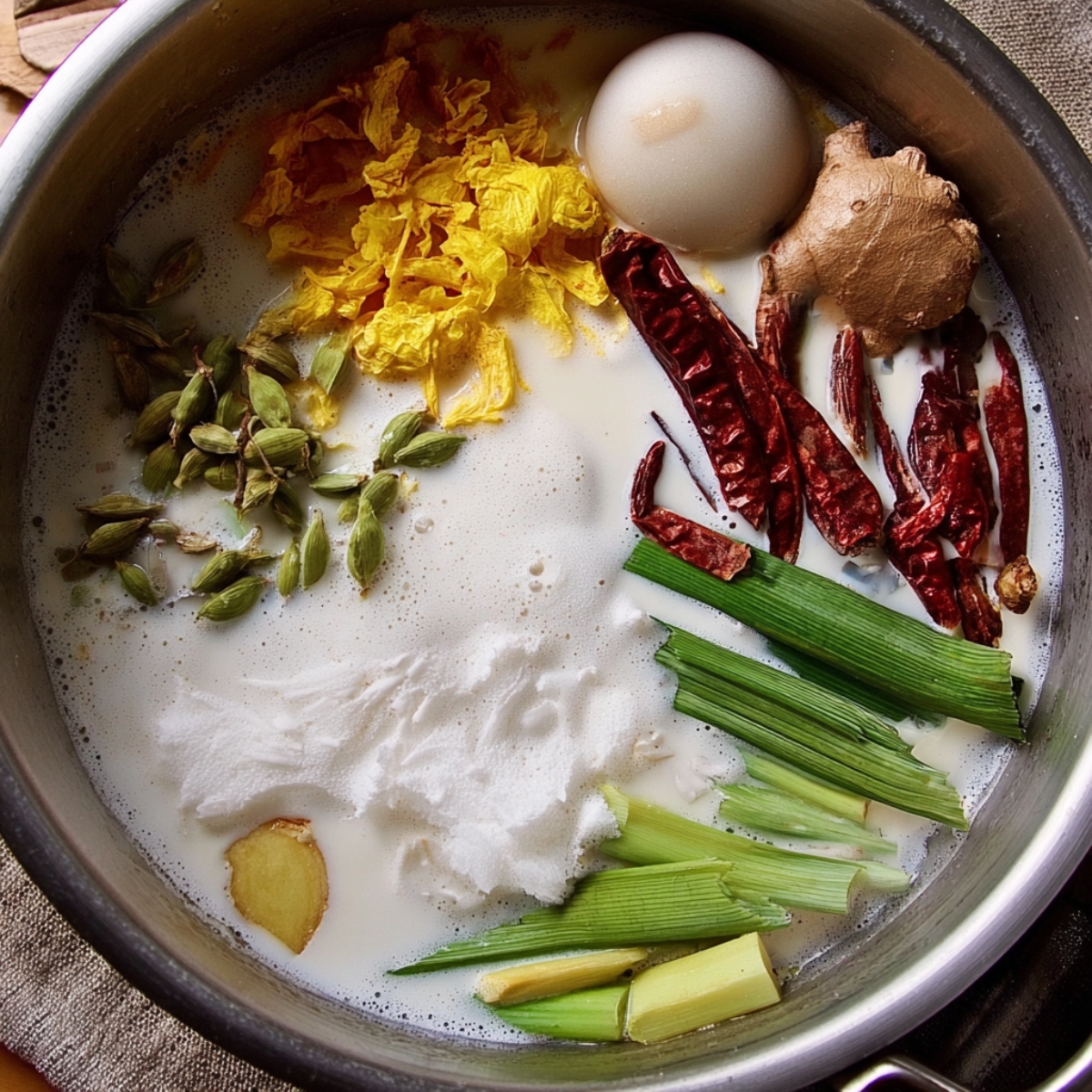 The Best Coconut Chicken Soup Recipe 10 The fourth image presents a pot filled with coconut milk and other ingredients for the soup.