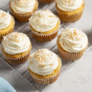 Healthy Coconut Easter Cupcakes Recipe 16 A close-up of Easter cupcakes, perfectly frosted with a smooth white icing and a coating of toasted coconut flakes, ready for Easter celebrations.