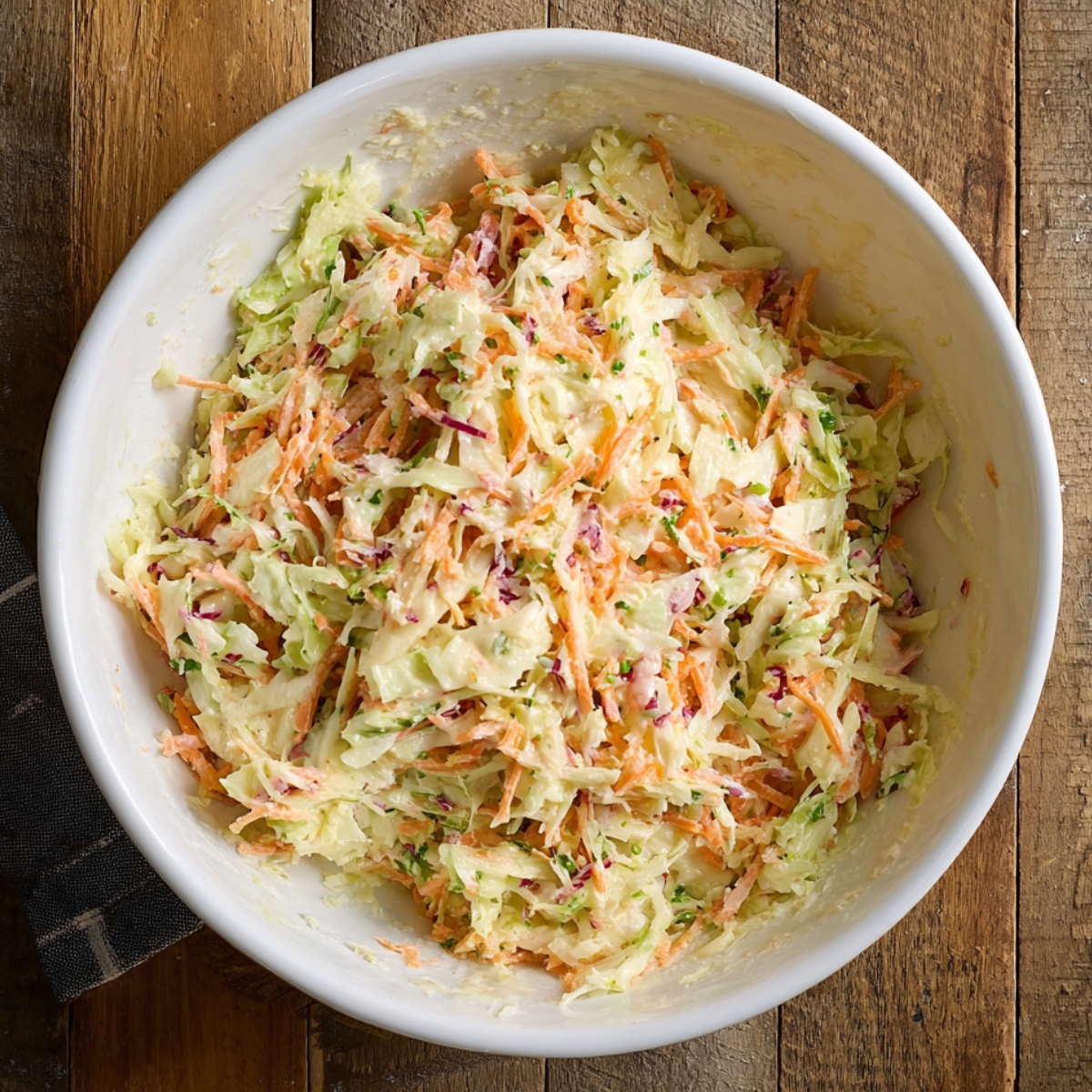 Healthy Coleslaw Recipe Recipe 12 Overhead view of a white bowl filled with creamy coleslaw made of shredded cabbage and carrots on a rustic wooden table.