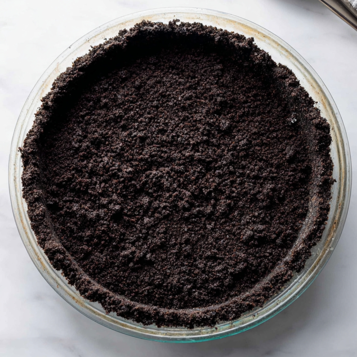 Easy Cookies and Cream Pie Recipe 10 A freshly pressed Oreo cookie crust in a clear pie dish, perfectly molded and ready to be filled with a delicious filling.