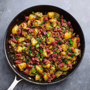 Easy Corned Beef Hash Recipe 18 Golden-brown corned beef hash with diced potatoes and herbs, cooked to perfection in a skillet.