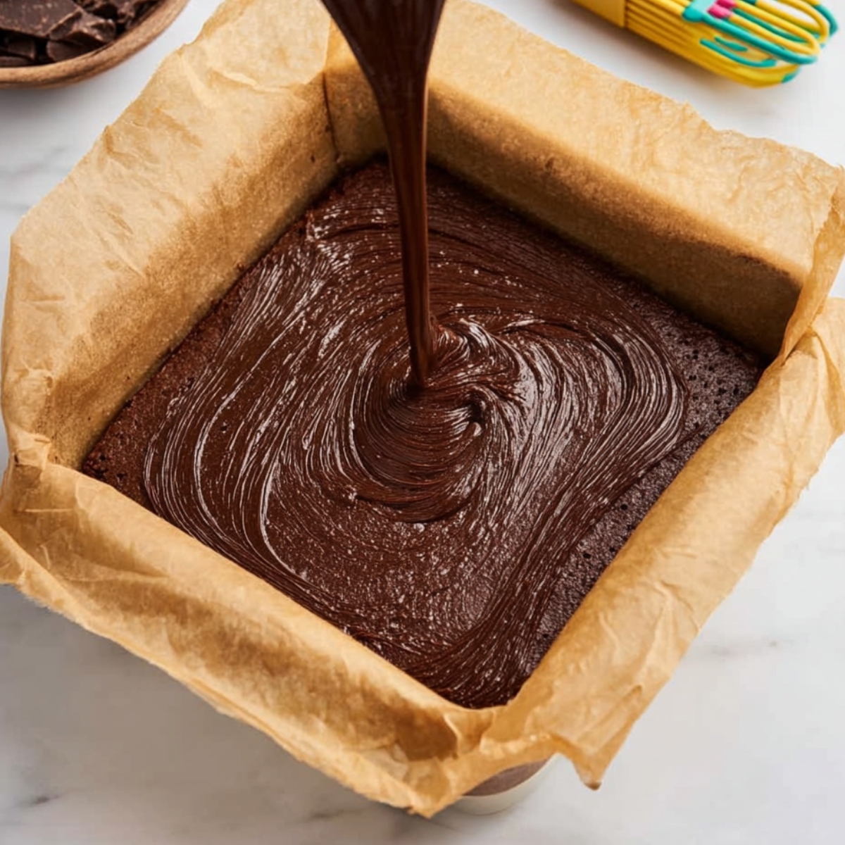 Easy Cosmic Brownies Recipe 12 Pouring rich brownie batter into a lined square baking dish.