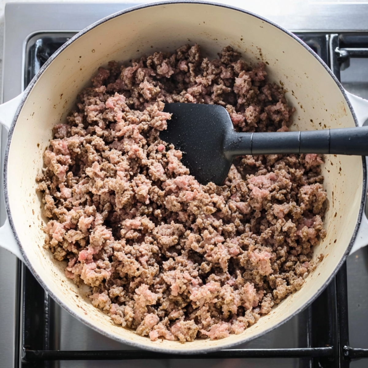 Delicious Dirty Rice Recipe 10 Ground beef being cooked and stirred with a black spatula in a white Dutch oven on a stovetop.