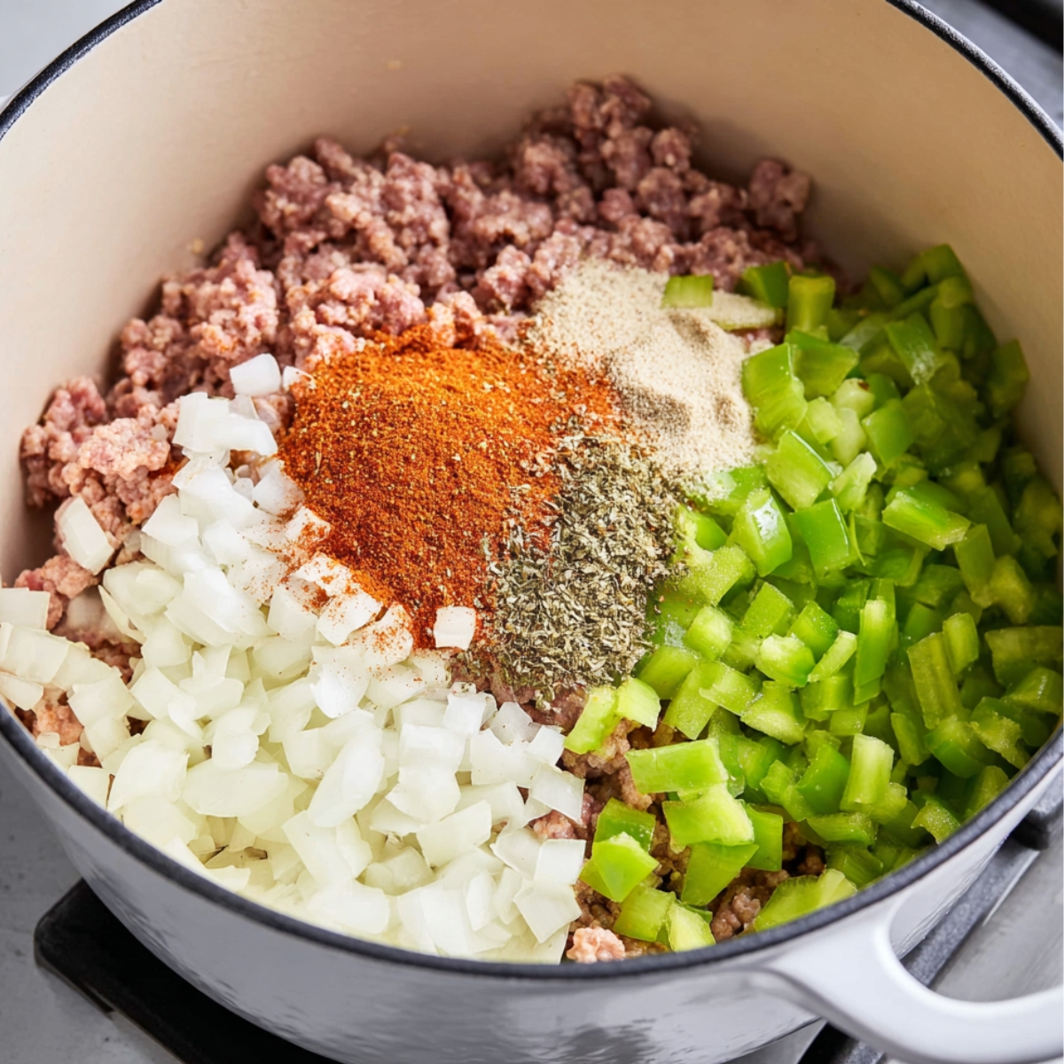 Delicious Dirty Rice Recipe 11 A white Dutch oven on a stovetop filled with ground beef, chopped green bell peppers, diced white onions, and spices before cooking.