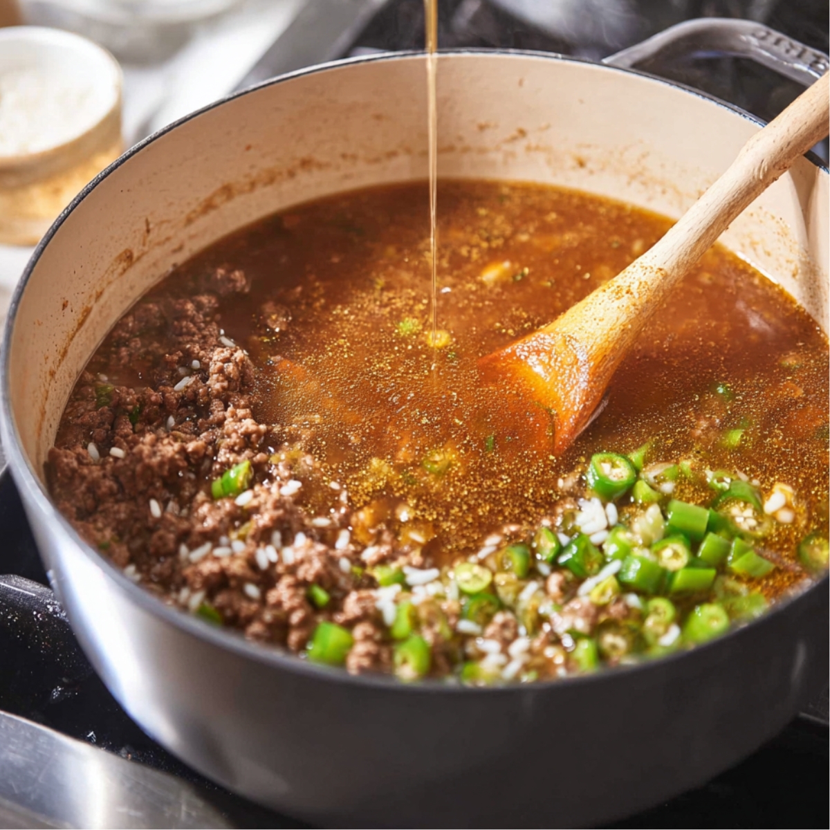 Delicious Dirty Rice Recipe 12 "Rice and ground beef simmering in a pot as broth is being added, wooden spoon stirring, green peppers and spices visible, Moroccan comfort food, warm tones, realistic kitchen scene, high detail, documentary-style food photography."