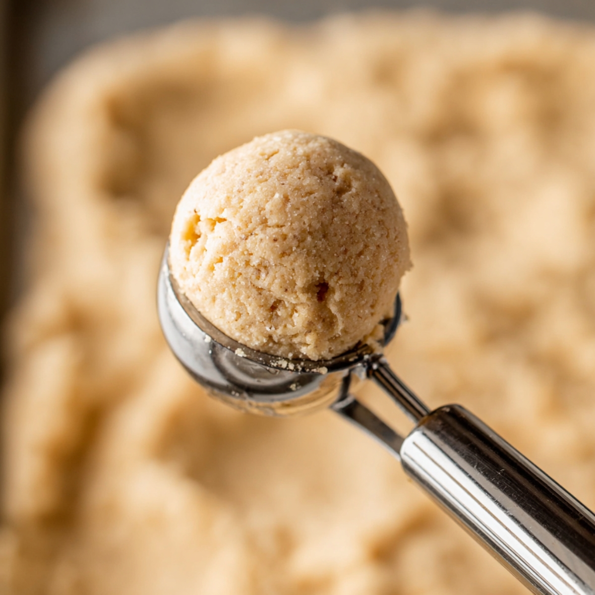 Best Homemade Donut Holes Recipe 11 A cookie scoop filled with dough, ready to be dropped into the hot oil for frying donut holes, with a blurred dough surface in the background.