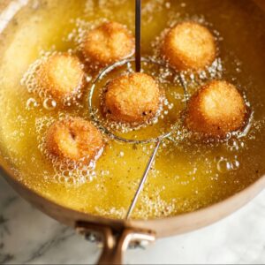 Best Homemade Donut Holes Recipe 16 A close-up of donut holes frying in hot oil with a thermometer in the pan, showing the golden color and bubbles forming around the donuts