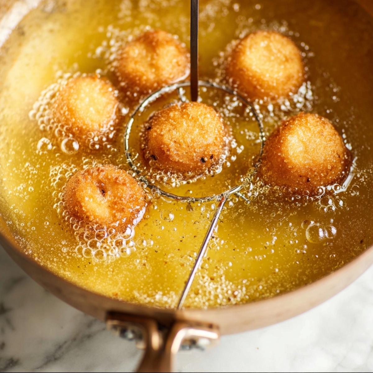 Best Homemade Donut Holes Recipe 12 A close-up of donut holes frying in hot oil with a thermometer in the pan, showing the golden color and bubbles forming around the donuts