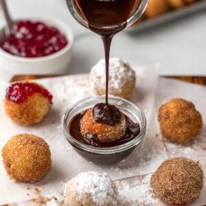 Best Homemade Donut Holes Recipe 17 A variety of homemade donut holes being dipped into different coatings: chocolate ganache, cinnamon sugar, and powdered sugar, with a piping bag of jam in the background.