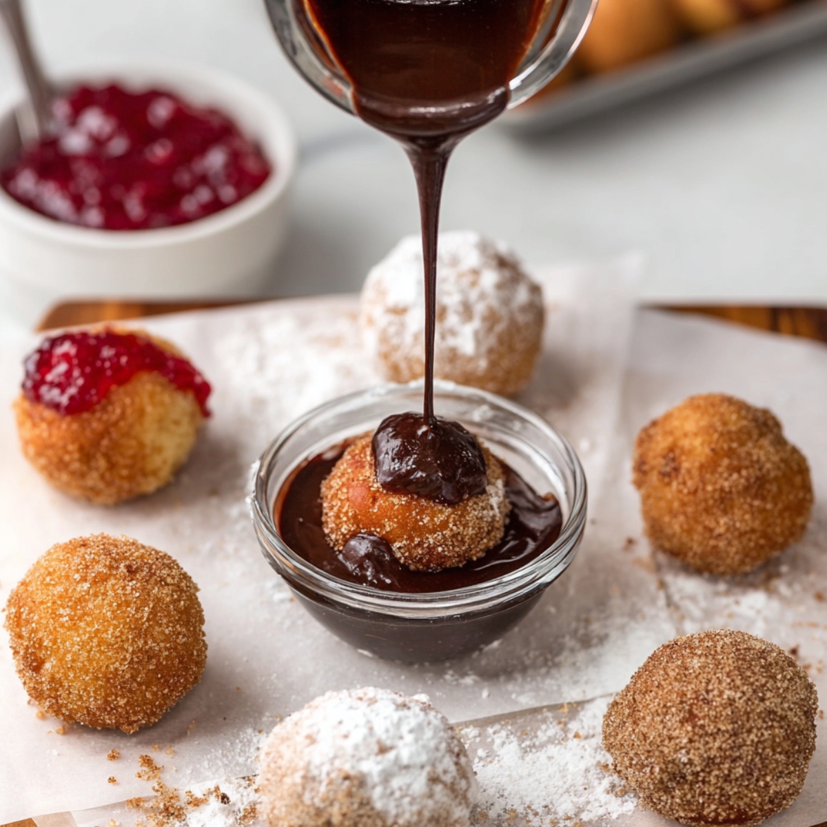 Best Homemade Donut Holes Recipe 13 A variety of homemade donut holes being dipped into different coatings: chocolate ganache, cinnamon sugar, and powdered sugar, with a piping bag of jam in the background.