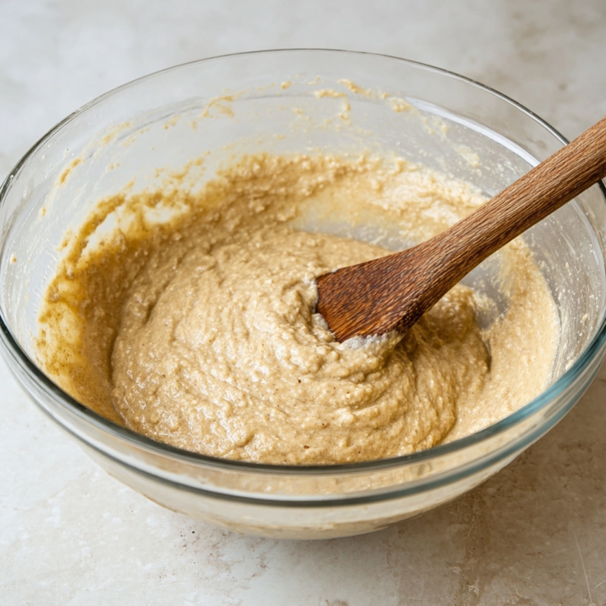 Best Homemade Donut Holes Recipe 10 A glass mixing bowl filled with donut hole batter, with a wooden spoon resting inside and the batter's texture visible.