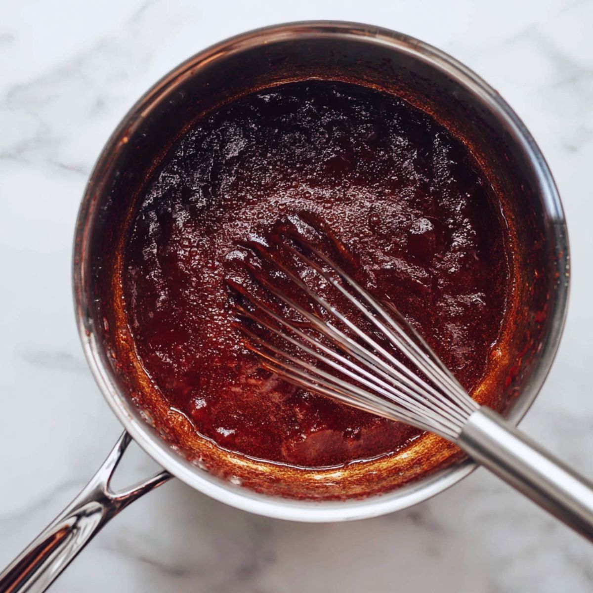 Best Enchilada Sauce Recipe 11 Overhead shot of a stainless steel saucepan with thick dark red sauce being whisked, glossy texture, bubbling slightly, white marble background, natural kitchen lighting, step-by-step cooking process, food photography, high detail, realistic, 4k