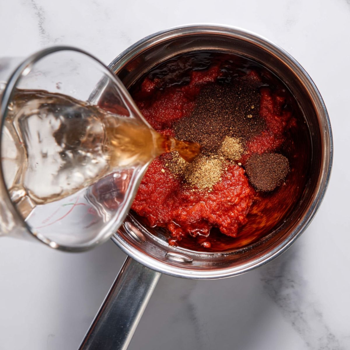 Best Enchilada Sauce Recipe 12 Top-down food photography of a stainless steel saucepan on a white marble countertop, tomato paste and spices inside, hot water being poured from a glass measuring cup, rich red sauce base, natural soft lighting, high resolution, detailed texture, cooking process, realistic, 4k