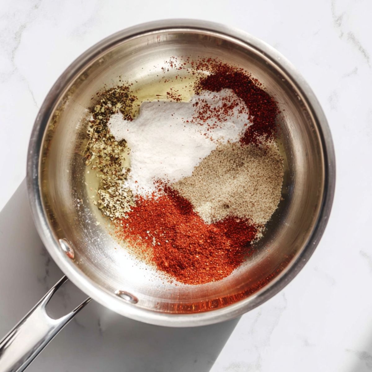 Best Enchilada Sauce Recipe 10 Top view of a stainless steel saucepan with oil, flour, and red spices separated inside the pan, white marble countertop, minimal composition, cooking preparation step, natural light, sharp focus, realistic food photography, 4k