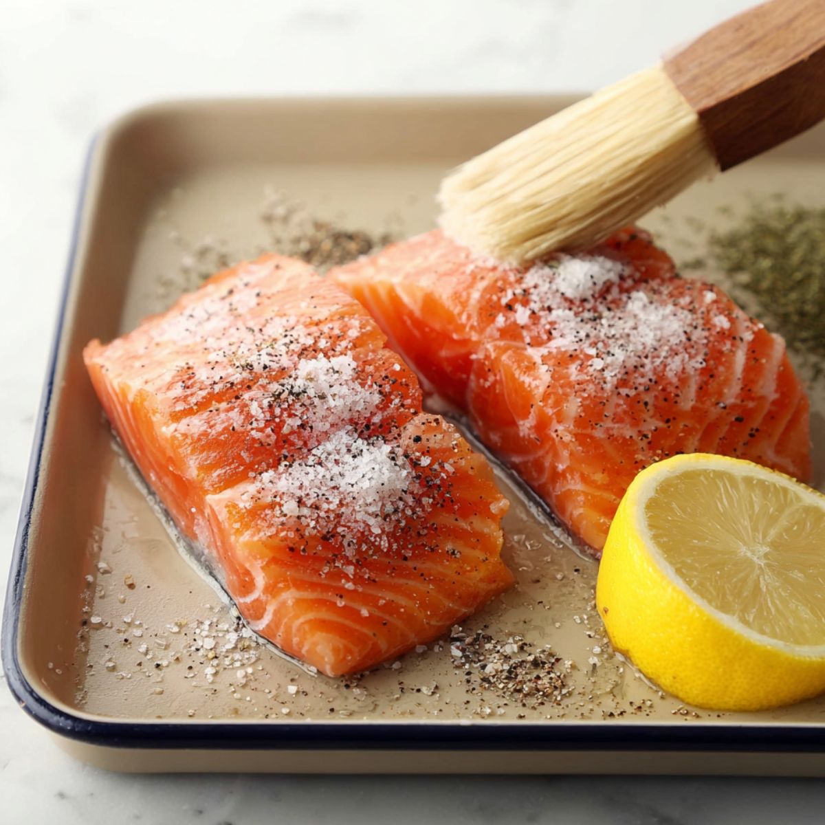 Delicious Grilled Salmon Recipe 11 Raw salmon fillets seasoned with salt and pepper, with a lemon wedge on the side, ready to be cooked or grilled.