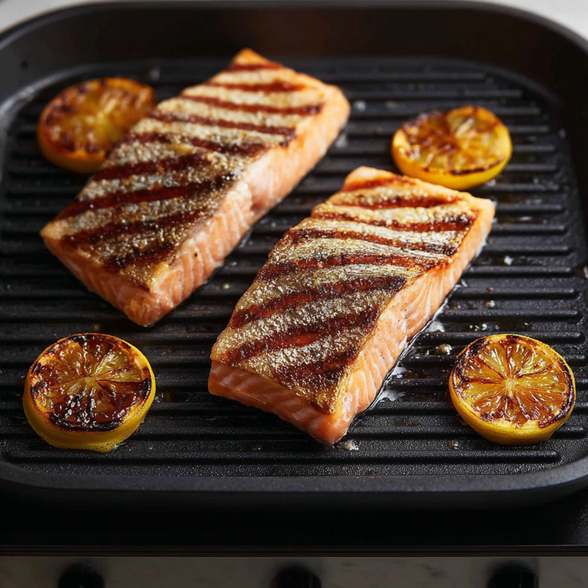 Delicious Grilled Salmon Recipe 12 A piece of salmon fillet being grilled on a stovetop grill pan with charred lemon slices, showing crispy skin and grill marks.