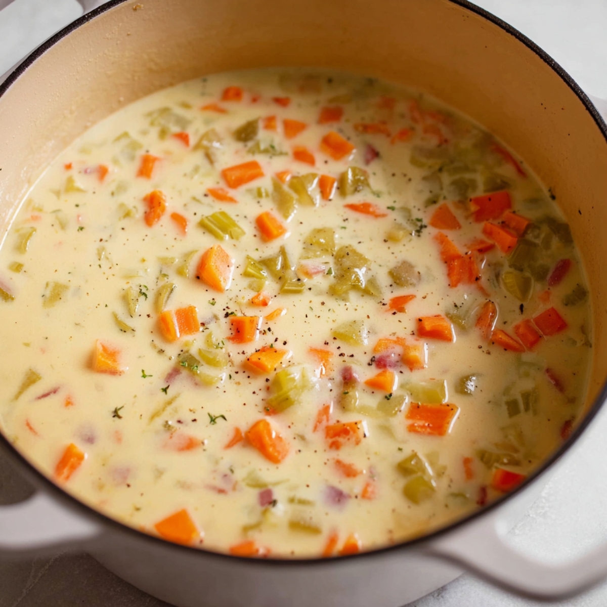 Healthy Ham and Potato Soup Recipe 12 Image of a creamy potato soup with diced vegetables (carrots, celery) simmering in a pot, likely part of the cooking process for a chowder or creamy soup.