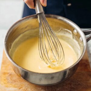 Easy Hollandaise Sauce Recipe 16 A person whisking a smooth, thickened hollandaise sauce in a saucepan.