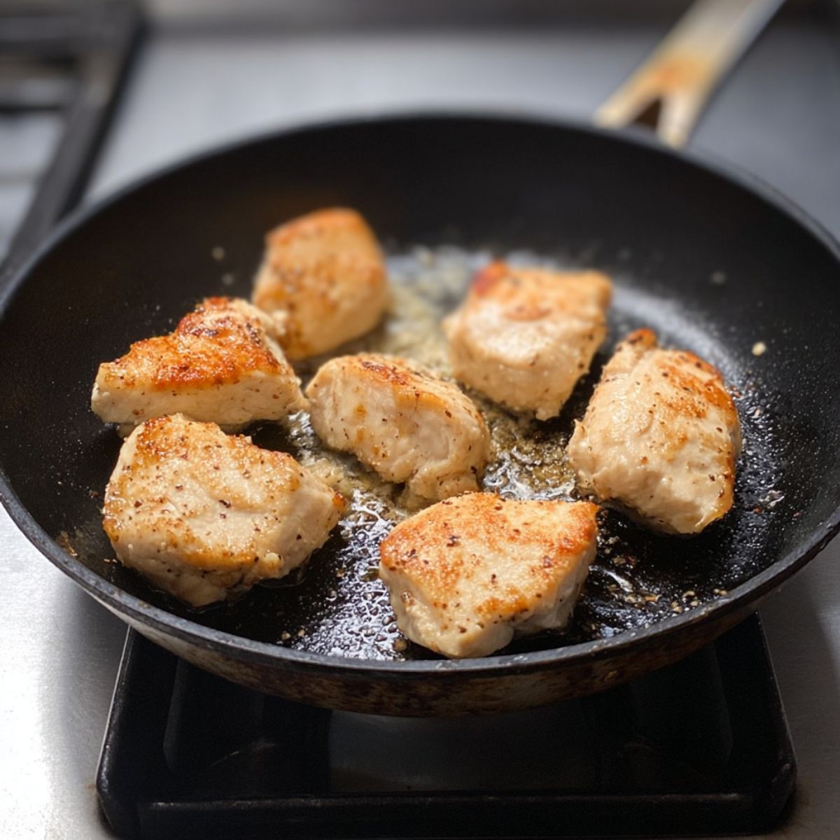 The Best Honey Mustard Chicken Salad Recipe 11 The third image shows pieces of chicken cooking in a skillet, likely seasoned and browned.
