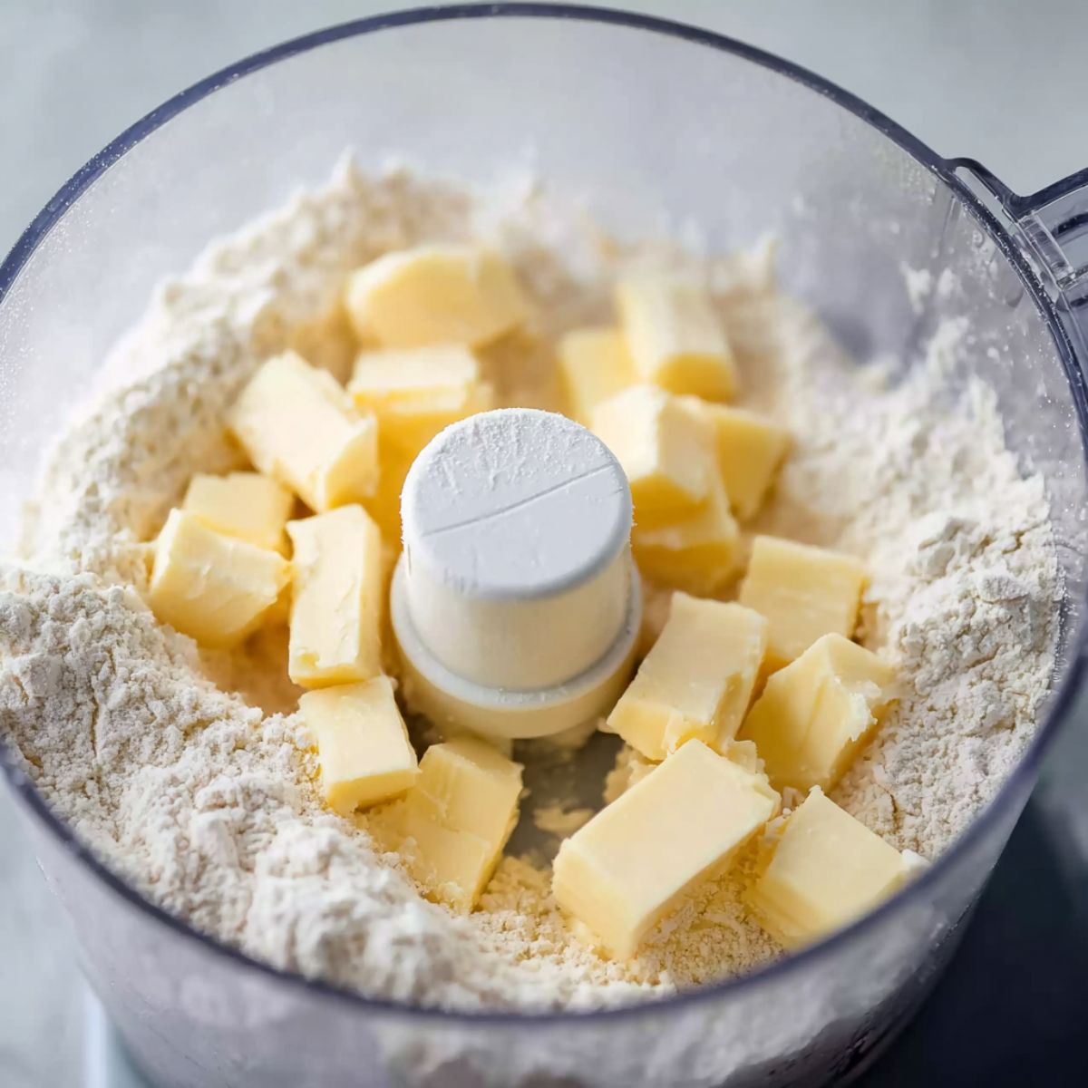 Delicious Lemon Bars Recipe 10 A close-up shot of a food processor containing flour and butter chunks, prepared to make the crust for lemon bars