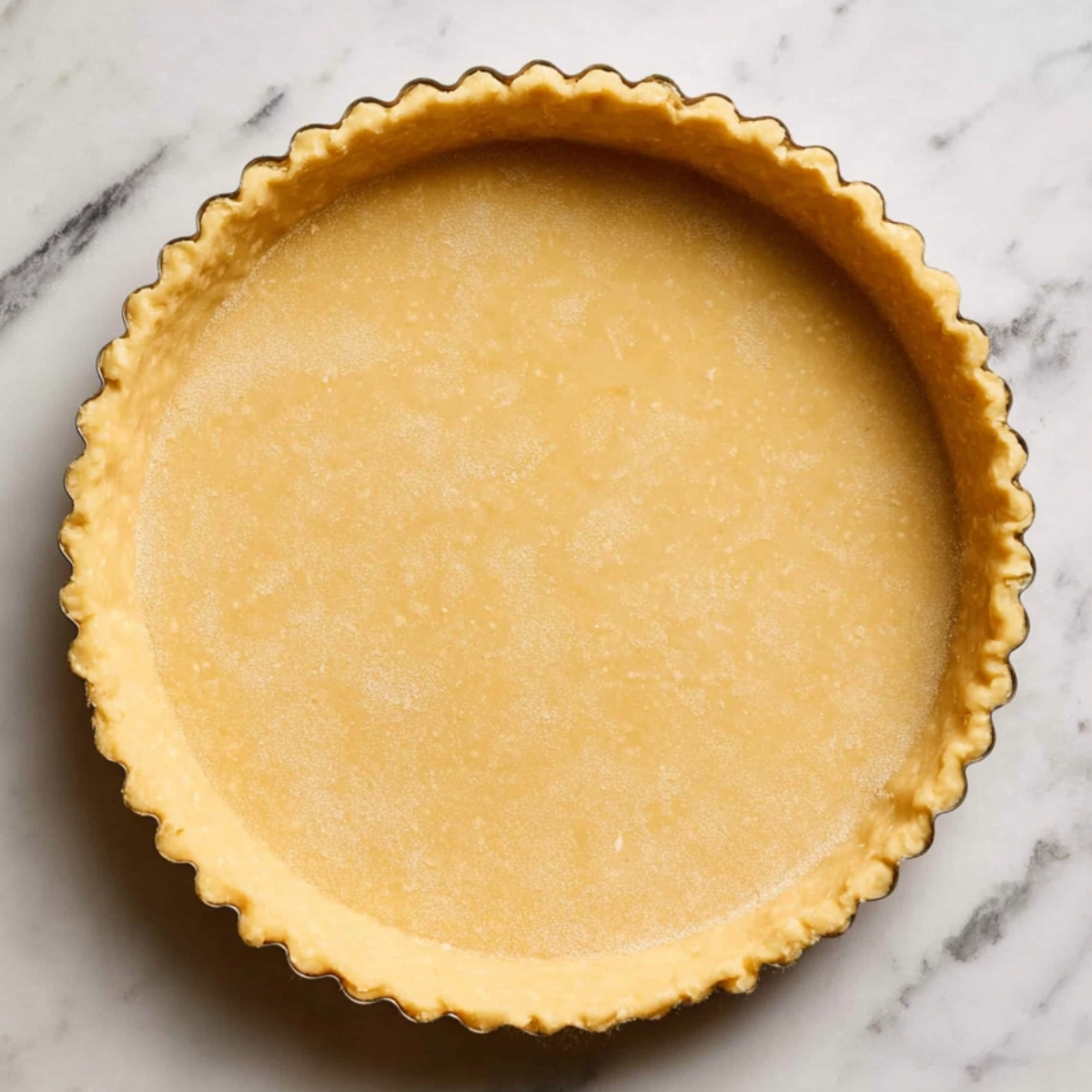 Easy Lemon Blueberry Tart Recipe 11 A raw, unbaked tart crust resting in a tart pan. The crust has a golden color and a scalloped edge, ready for baking. The marble surface below the tart adds a nice touch to the presentation.