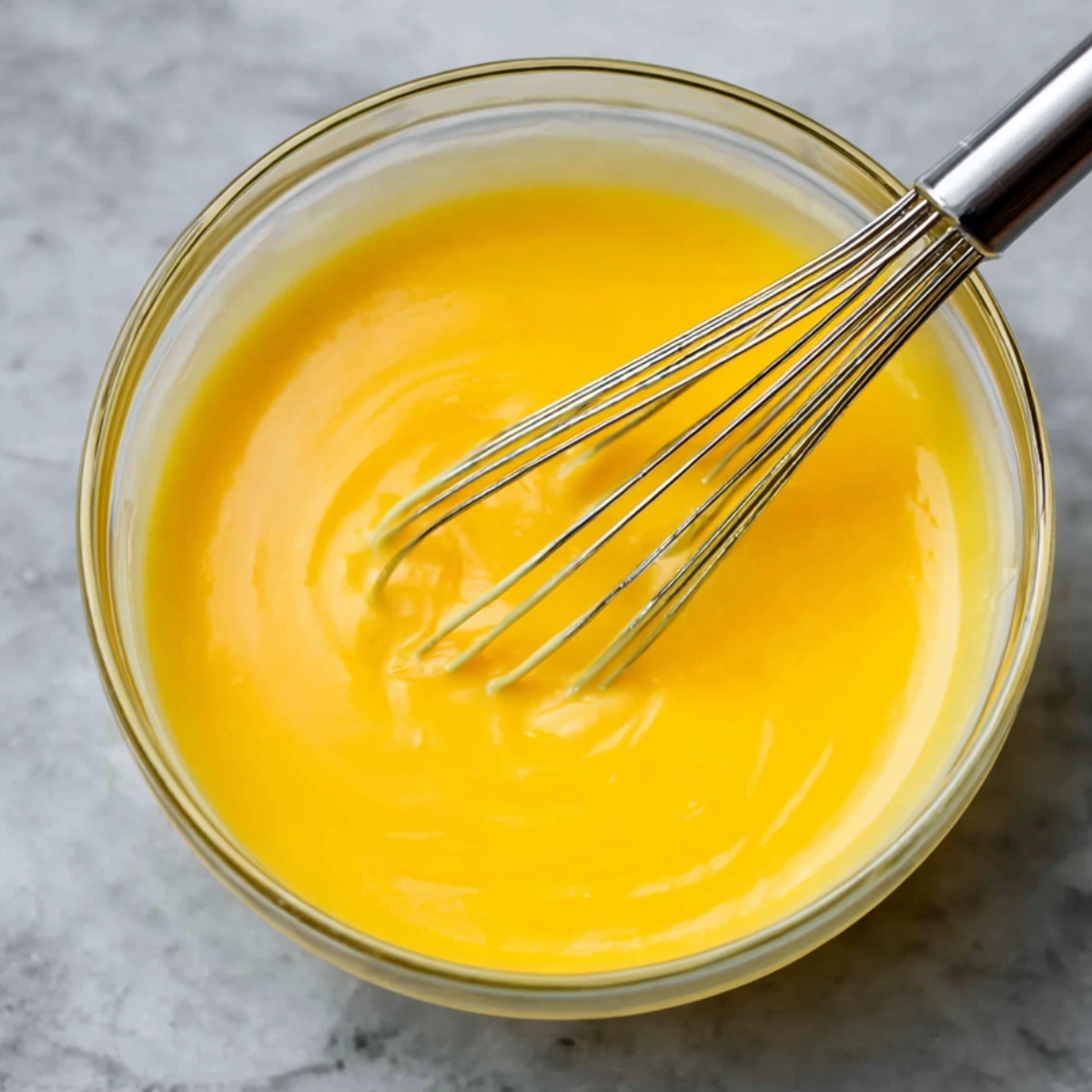 Easy Lemon Blueberry Tart Recipe 12 A bowl of bright yellow, smooth lemon curd with a whisk inserted. The curd has a creamy texture, looking velvety and ready to be used as a filling or topping for desserts like tarts and cakes