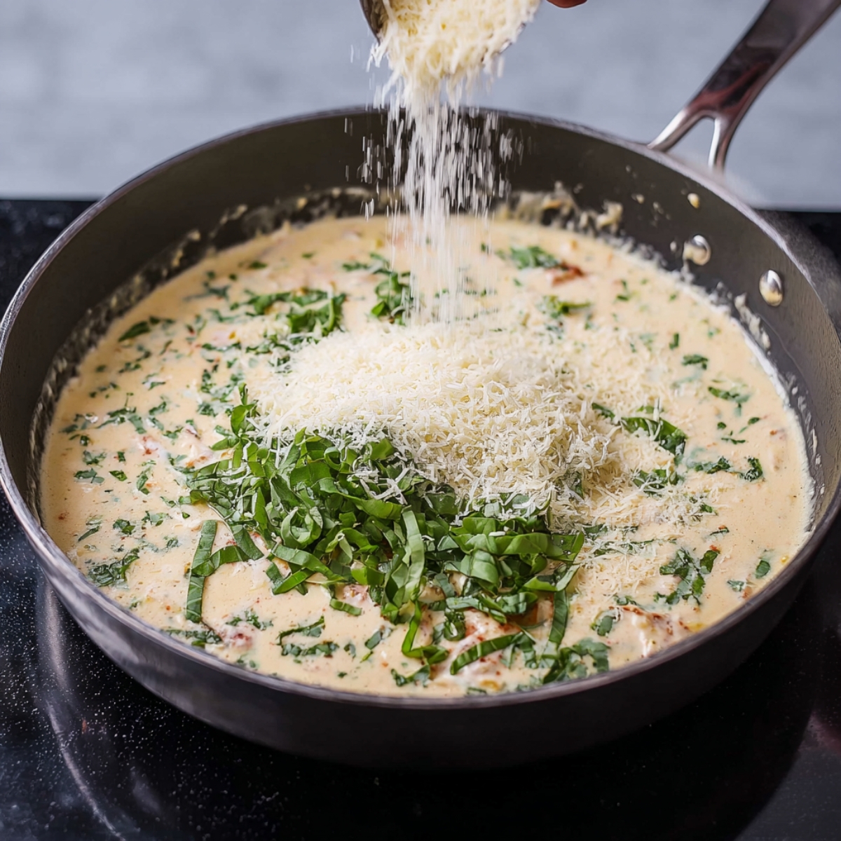 Delicious Marry Me Chicken Recipe 12 The finishing touches are added to the creamy sauce: fragrant fresh basil and a generous sprinkle of grated cheese. The herbs add a burst of freshness, while the cheese melts into the sauce, making it even richer and more indulgent.