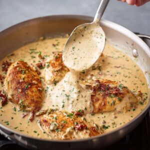 The perfectly seared chicken breasts are now being added to the creamy sauce, allowing them to absorb the rich flavors of garlic, sun-dried tomatoes, and fresh herbs. This step ensures the chicken is fully coated with the luscious sauce, creating a tender and flavorful dish.