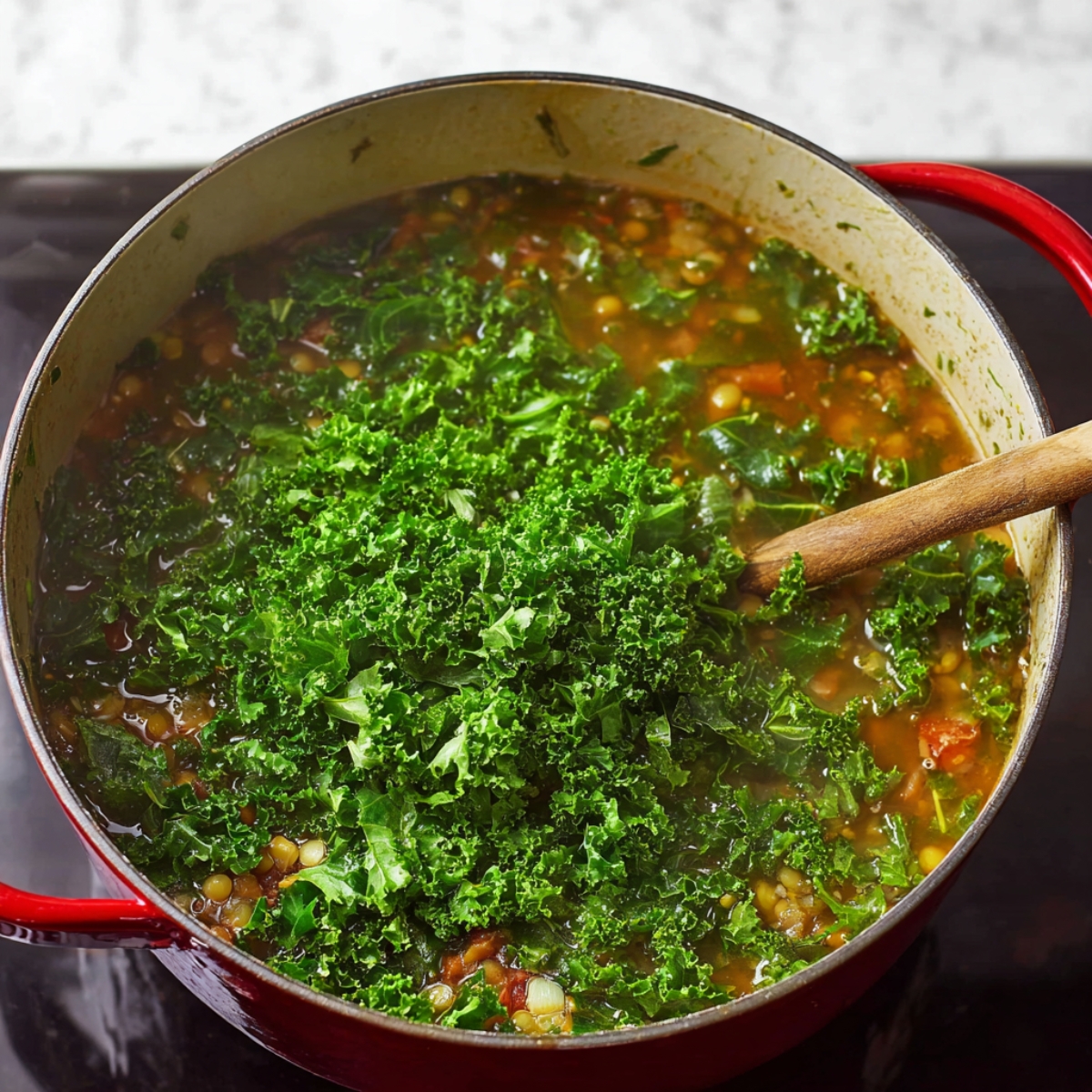Easy Mediterranean Lentil Soup Recipe 12 Adding freshly chopped kale to the simmering Mediterranean Lentil Soup, creating a colorful and nutritious boost to the dish.
