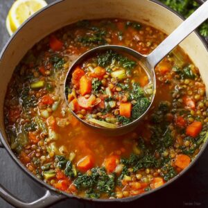 A hearty pot of Mediterranean Lentil Soup, brimming with carrots, celery, kale, and lentils, ready to be served with a ladle full of nourishing goodness.