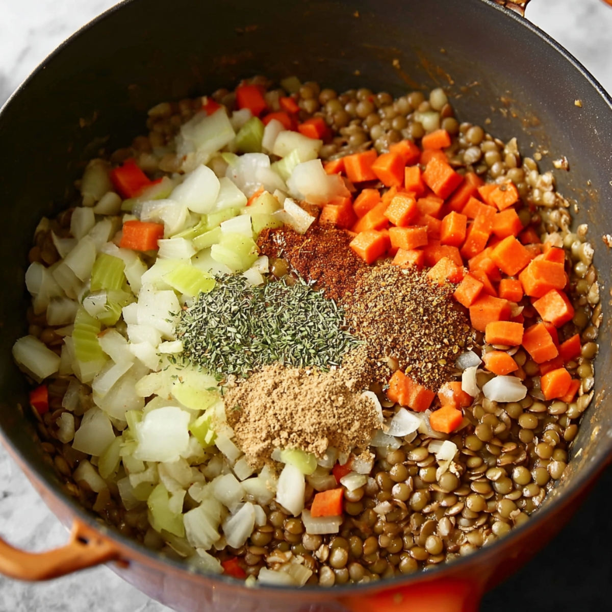 Easy Mediterranean Lentil Soup Recipe 10 Adding lentils and a blend of aromatic spices to the sautéed vegetables, preparing the Mediterranean Lentil Soup for its next layer of flavor.